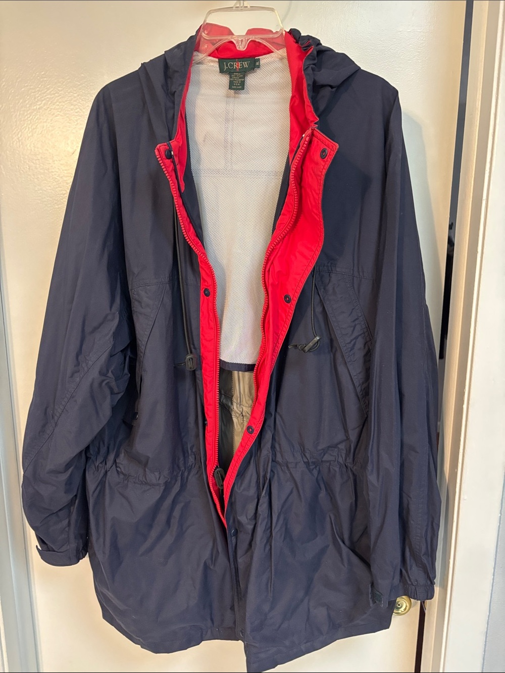 J. Crew Navy Hooded Raincoat with Red Interior Placket
